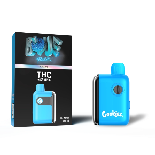 Caja y Cookies Blue Raz Vape THC Sativa 5G con 5000 puffs sabor bayas