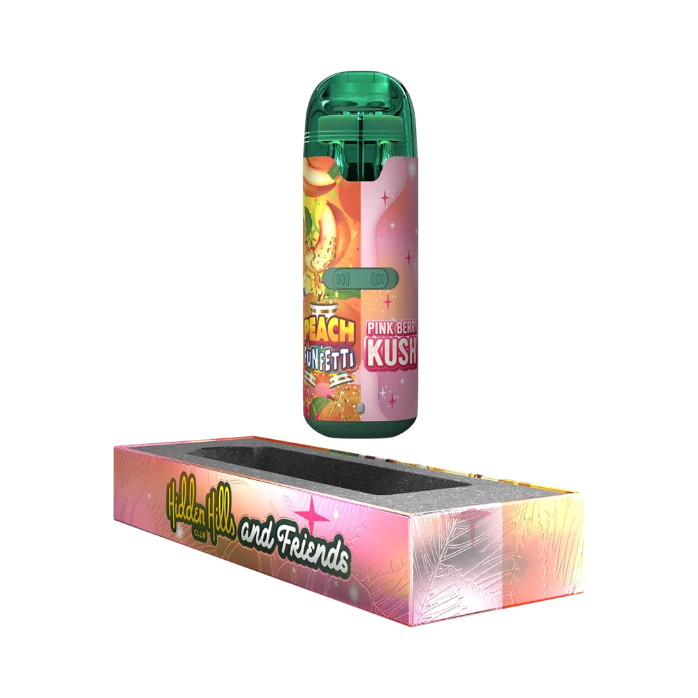 Hidden Hills Peach Funfetti x Pink Berry Kush Doble Sabor Vape THC | Híbrido (Sativa + Índica) 1 Vape de THC marca hidden Hills doble sabor Peach Funfetti x Pink Berry Kush