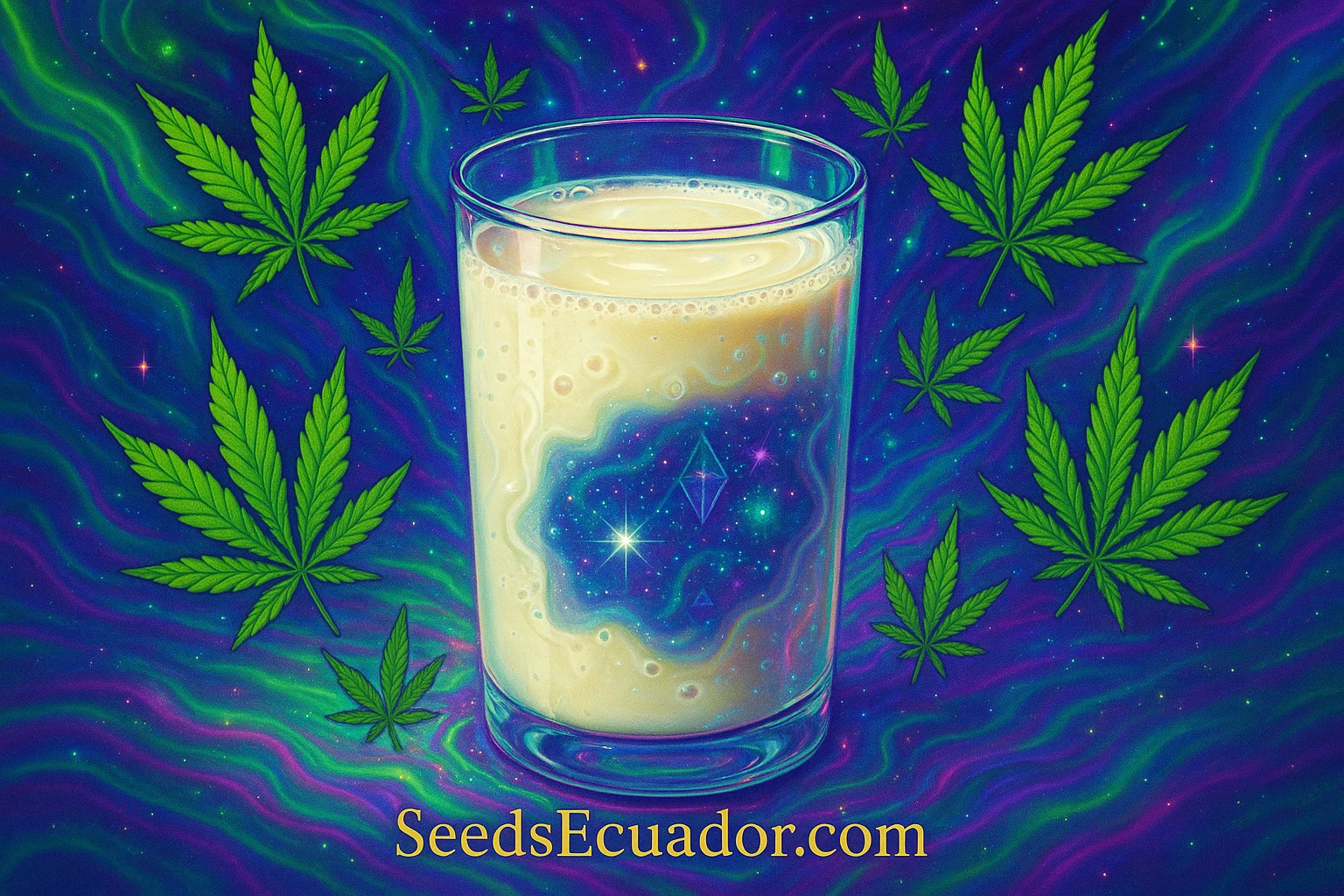 Ilustración surrealista de leche cannábica de SeedsEcuador, bebida con efectos intensos y duraderos