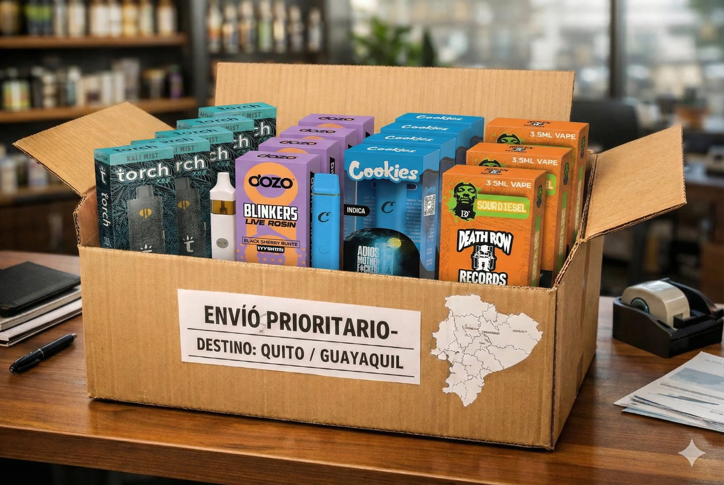 Recepción de un pedido mayorista de vapes que incluye marcas líderes de nicotina y cannabis (THC/Wax) a precios directos de fábrica en Ecuador.