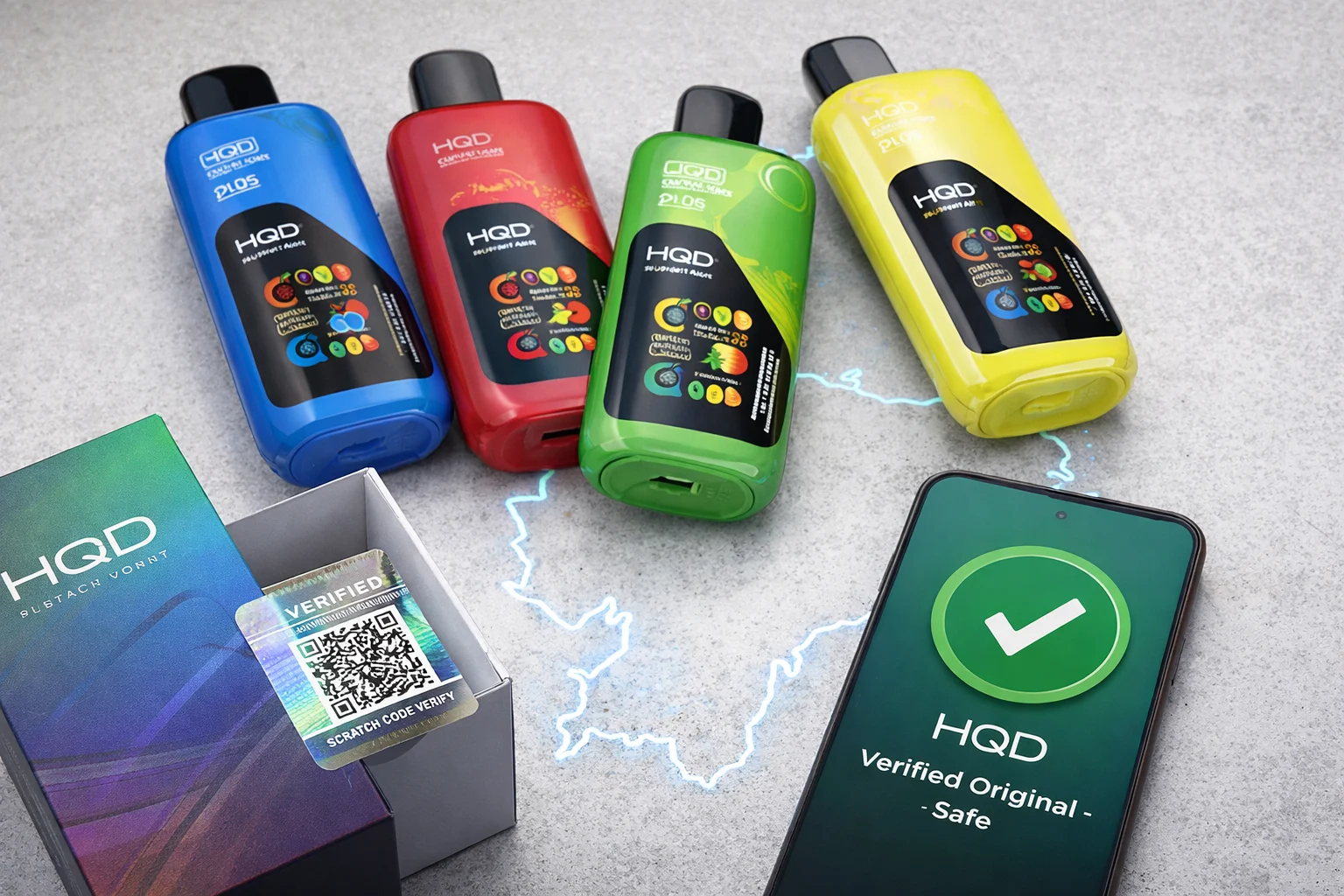 Vapes HQD originales y seguros en Ecuador con código de verificación anti-falsificación listos para envío a Quito y Guayaquil.