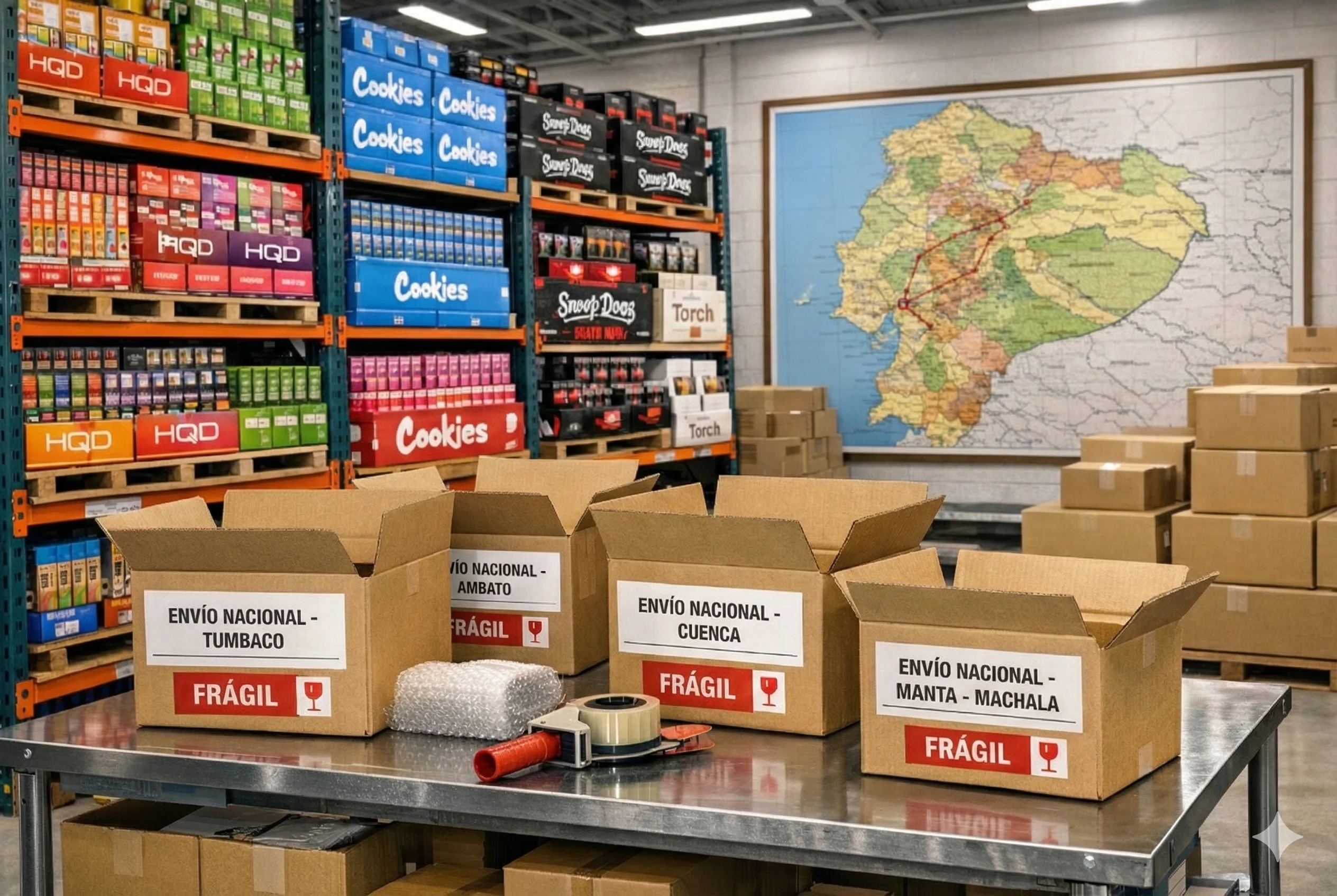 Vista interior de una bodega de distribuidora de vapes en Ecuador, mostrando estanterías con stock masivo de marcas como HQD, Cookies, Snoop Dogg Death Row y Torch listas para despacho mayorista