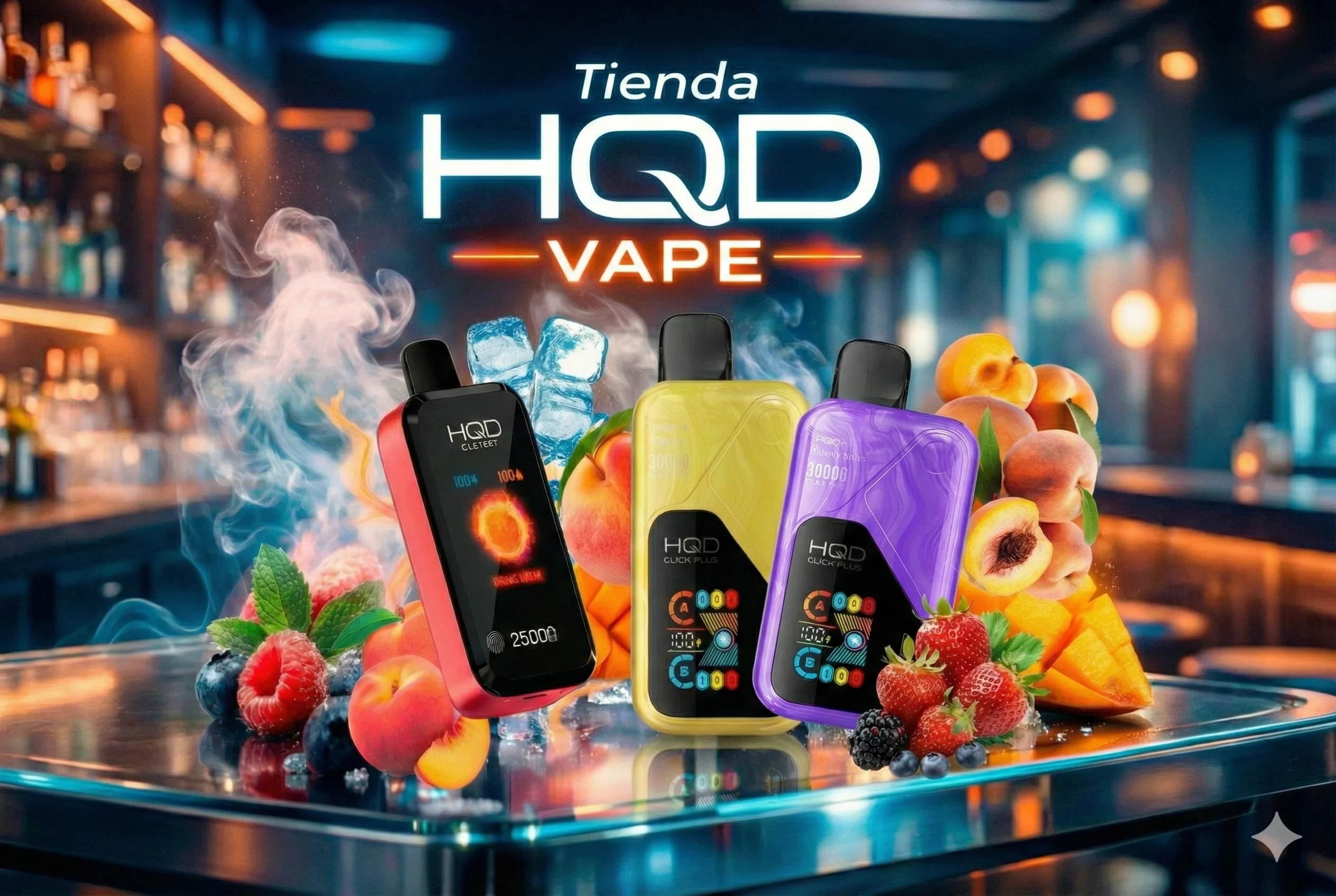 Venta de dispositivos HQD al mayor y detal en Ecuador, mostrando variedad de sabores y tecnología Click Plus.