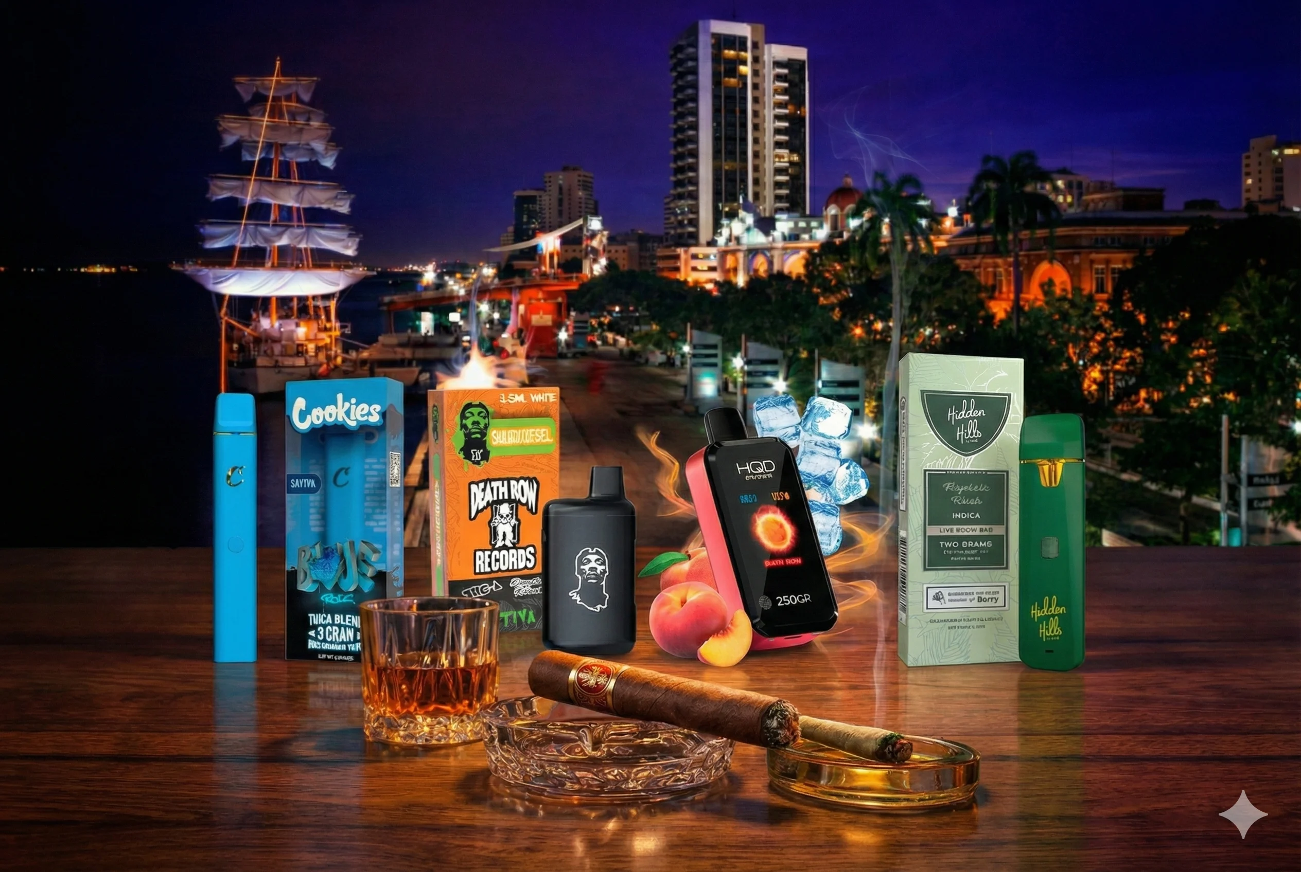 Bodega de distribución de vapes al por mayor en Guayaquil mostrando inventario de marcas HQD, Cookies y Torch listos para envío.