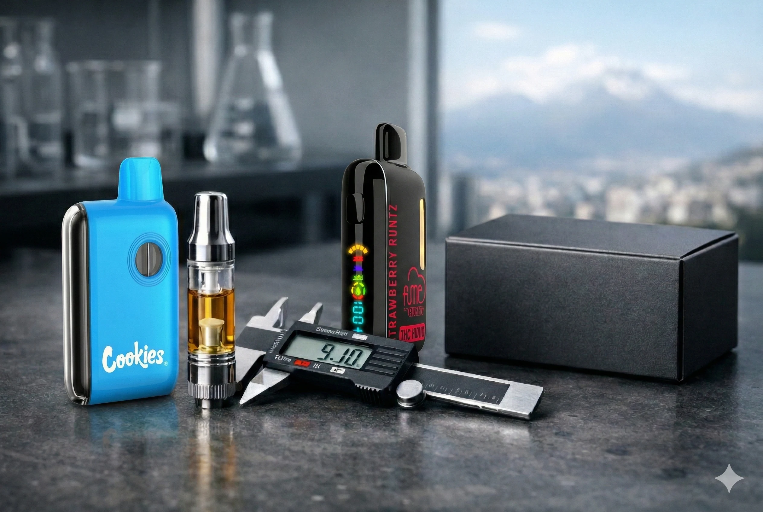 Cartucho de destilado rosca 510 marca Litty acoplado a batería de voltaje variable para control térmico y vaporización precisa.