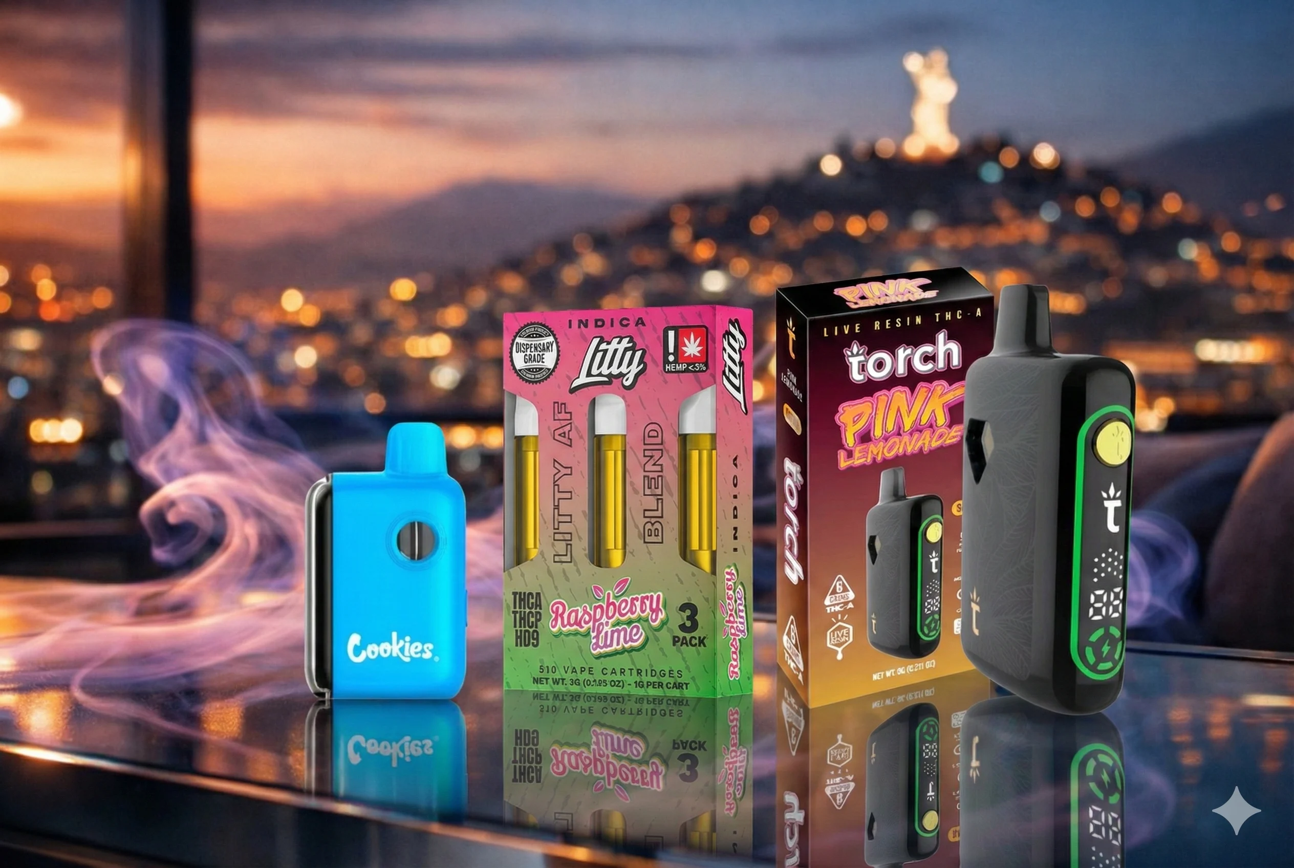 Vaporizadores de THC y nicotina de alta gama en un penthouse de Quito con el Panecillo al fondo, destacando el catálogo de marcas líderes disponibles en Ecuador para el 2026.