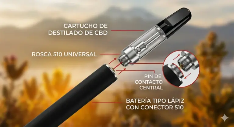 Guía visual de compatibilidad 510 para vapear CBD en Ecuador. La imagen muestra cómo el cartucho premium de boquilla cerámica negra y base cromada se acopla a la batería estándar, eliminando dudas técnicas antes de comprar. Fondo natural de los Andes ecuatorianos.