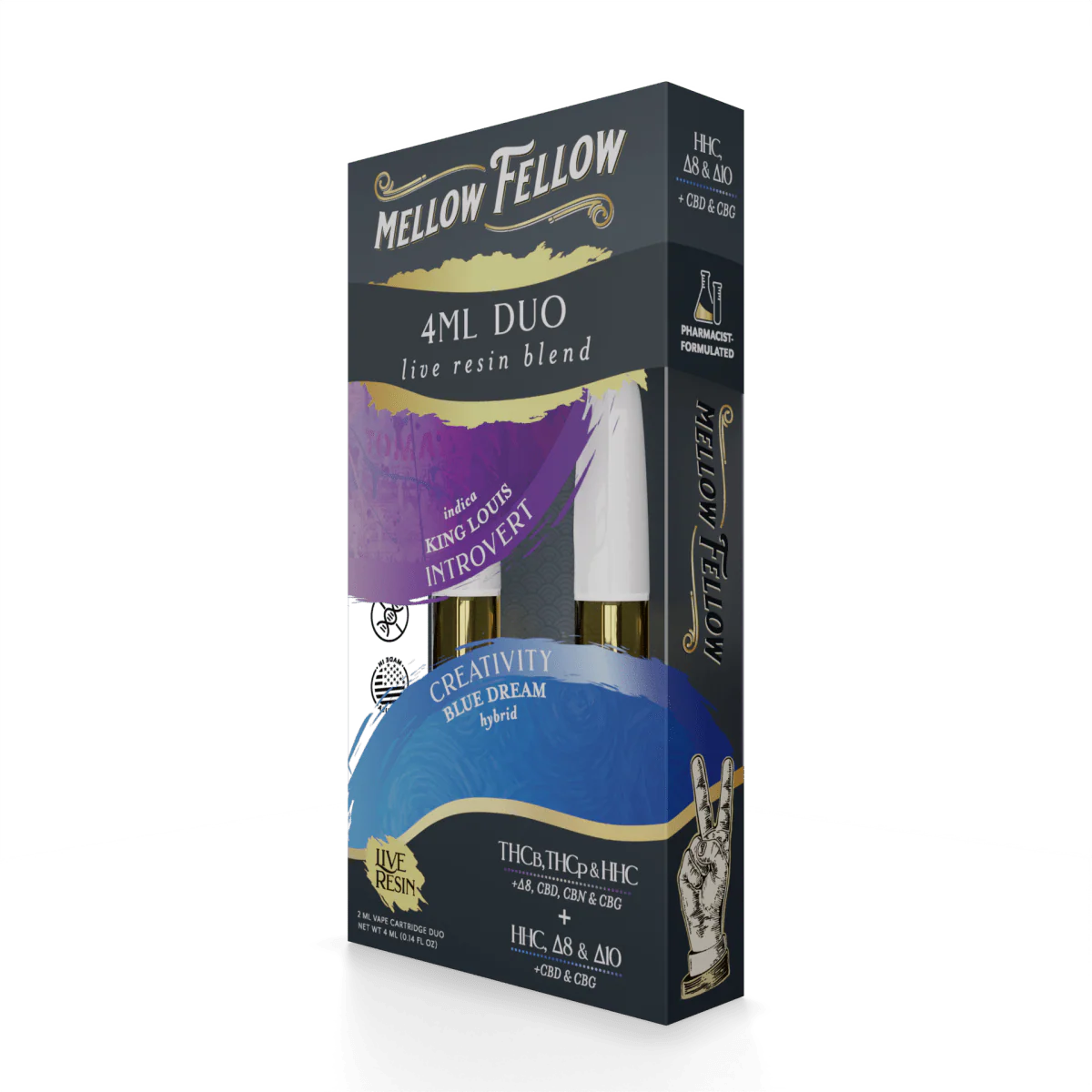 Cartucho de THC Live Resin con mezcla de cannabinoides HHC y Delta 8 para diferentes efectos.