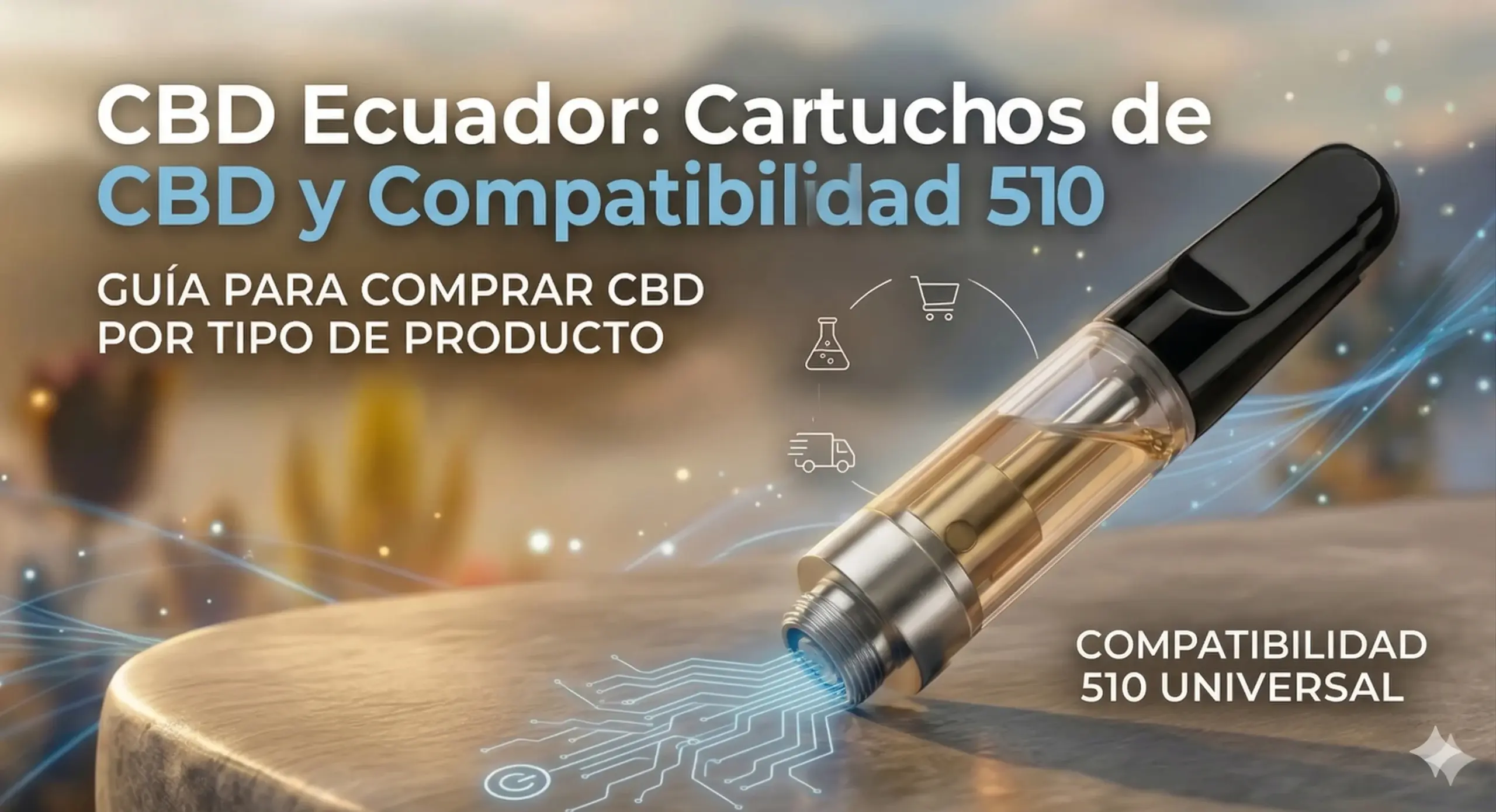 Cartucho premium de CBD en el páramo de los Andes de Ecuador, ilustrando cómo la base cromada se acopla a baterías con rosca 510 estándar.