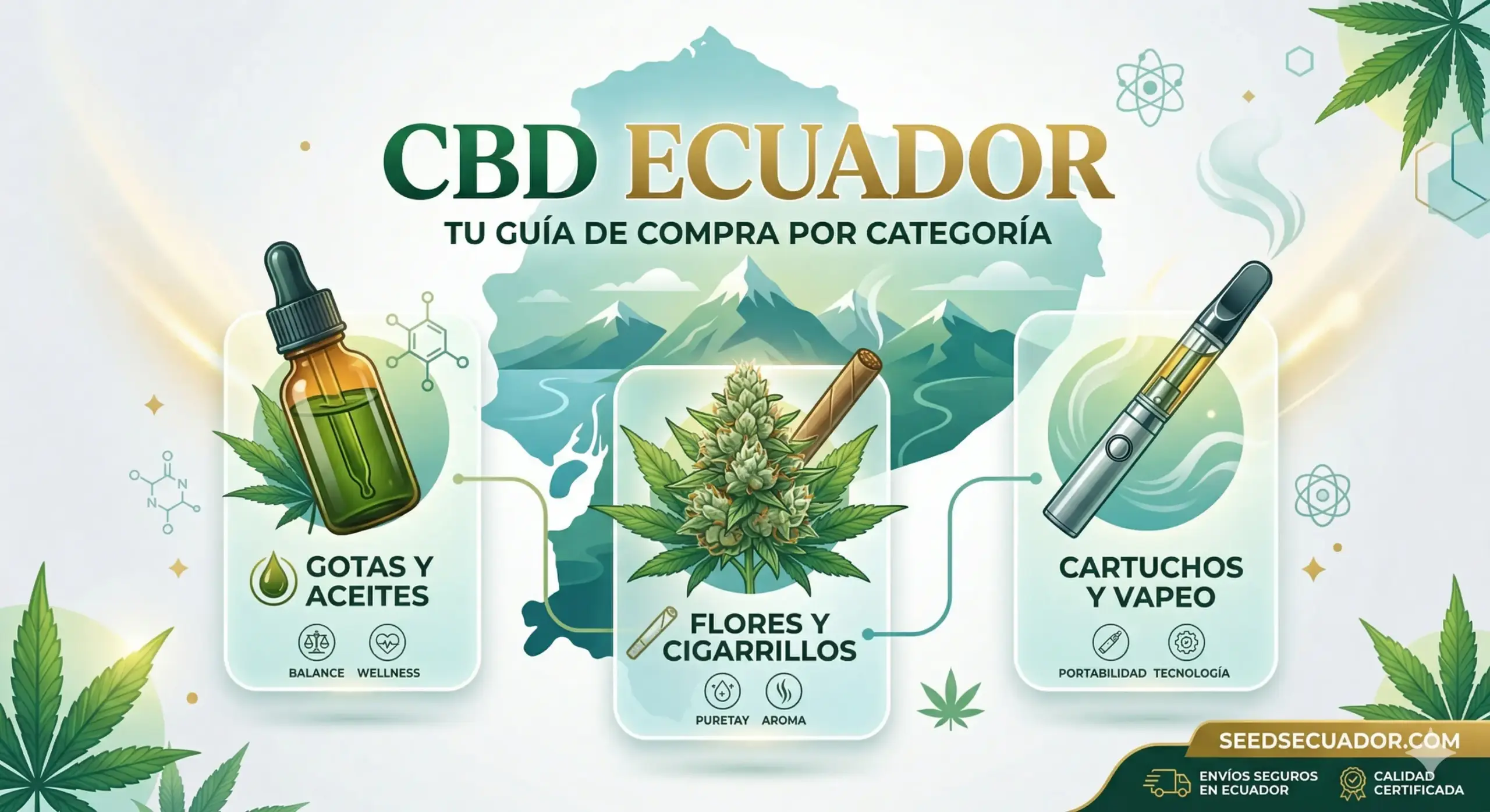Cabecera visual de la guía pilar 'CBD Ecuador: Tienda CBD y Cómo Comprar por Categoría'. El gráfico resume visualmente los principales formatos de consumo que el usuario puede explorar: aceites medicinales, flores botánicas y vapes de alta tecnología. Diseñada para guiar la navegación transaccional dentro de la tienda online segura con cobertura en todo Ecuador.