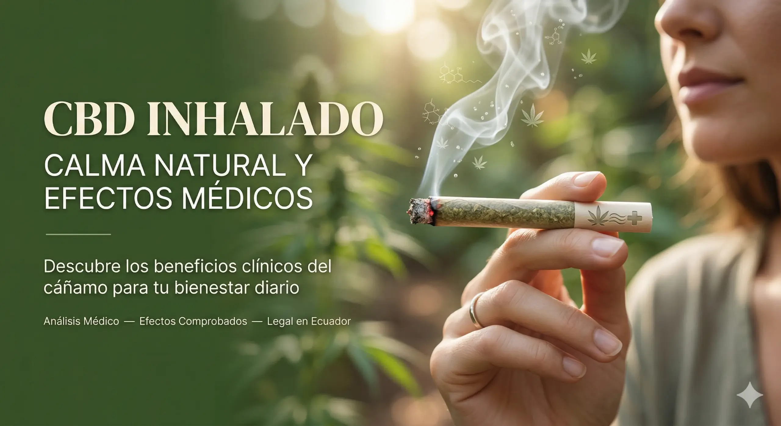 Imagen publicitaria de CBD inhalado para el bienestar diario en Ecuador, mostrando un cigarrillo de cáñamo y una persona, con texto destacado sobre calma natural y efectos médicos.