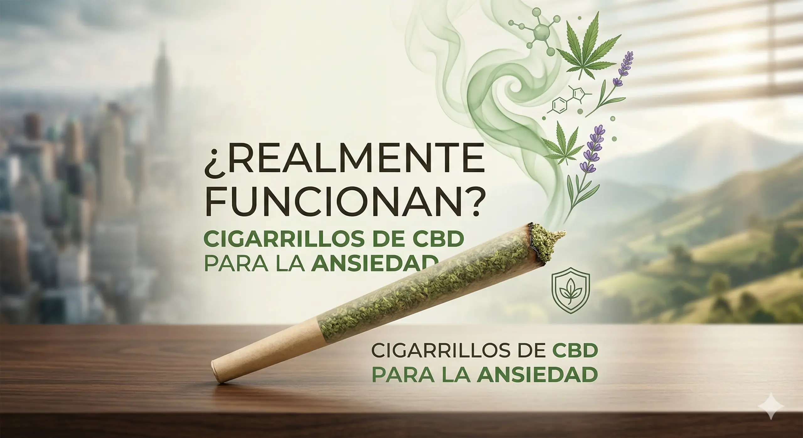 Primer plano de un cigarrillo de CBD artesanal sobre una mesa de madera. De su punta sale humo que forma iconos de moléculas y plantas relajantes (lavanda), con un fondo dividido entre una ciudad gris y montañas soleadas y verdes.