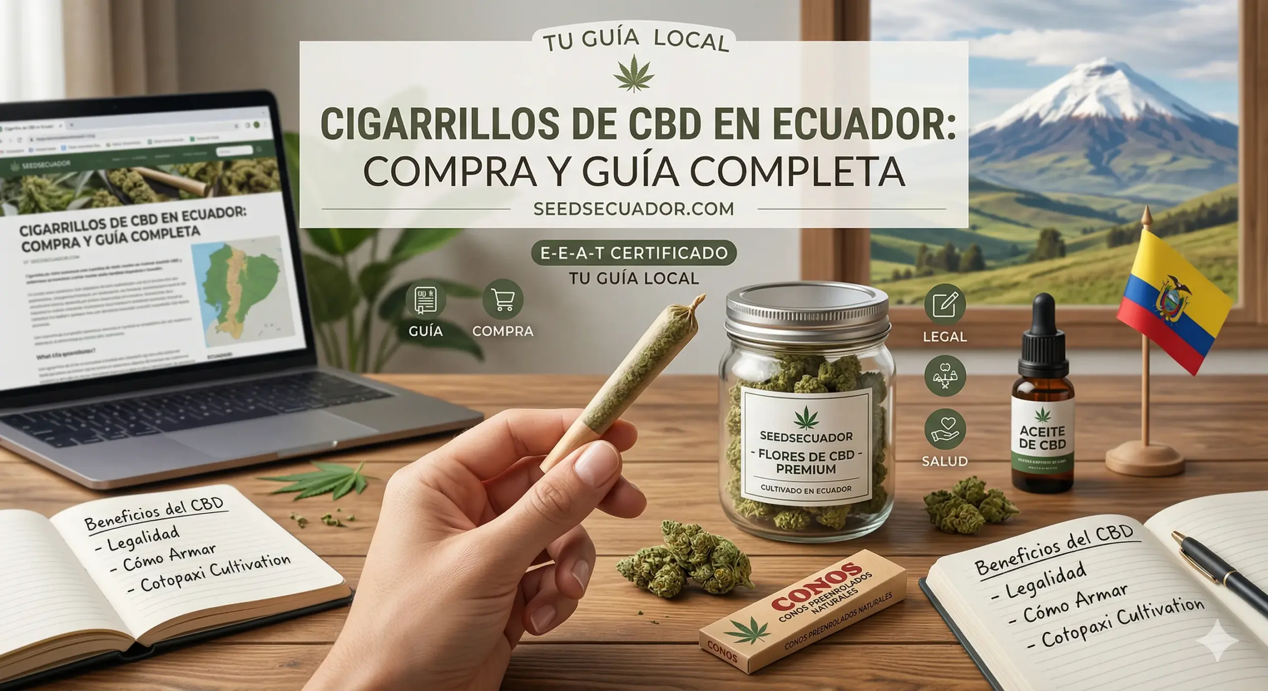 Guía completa sobre cigarrillos de CBD en Ecuador, mostrando flor seca, accesorios de smoke shop y el volcán Cotopaxi de fondo.
