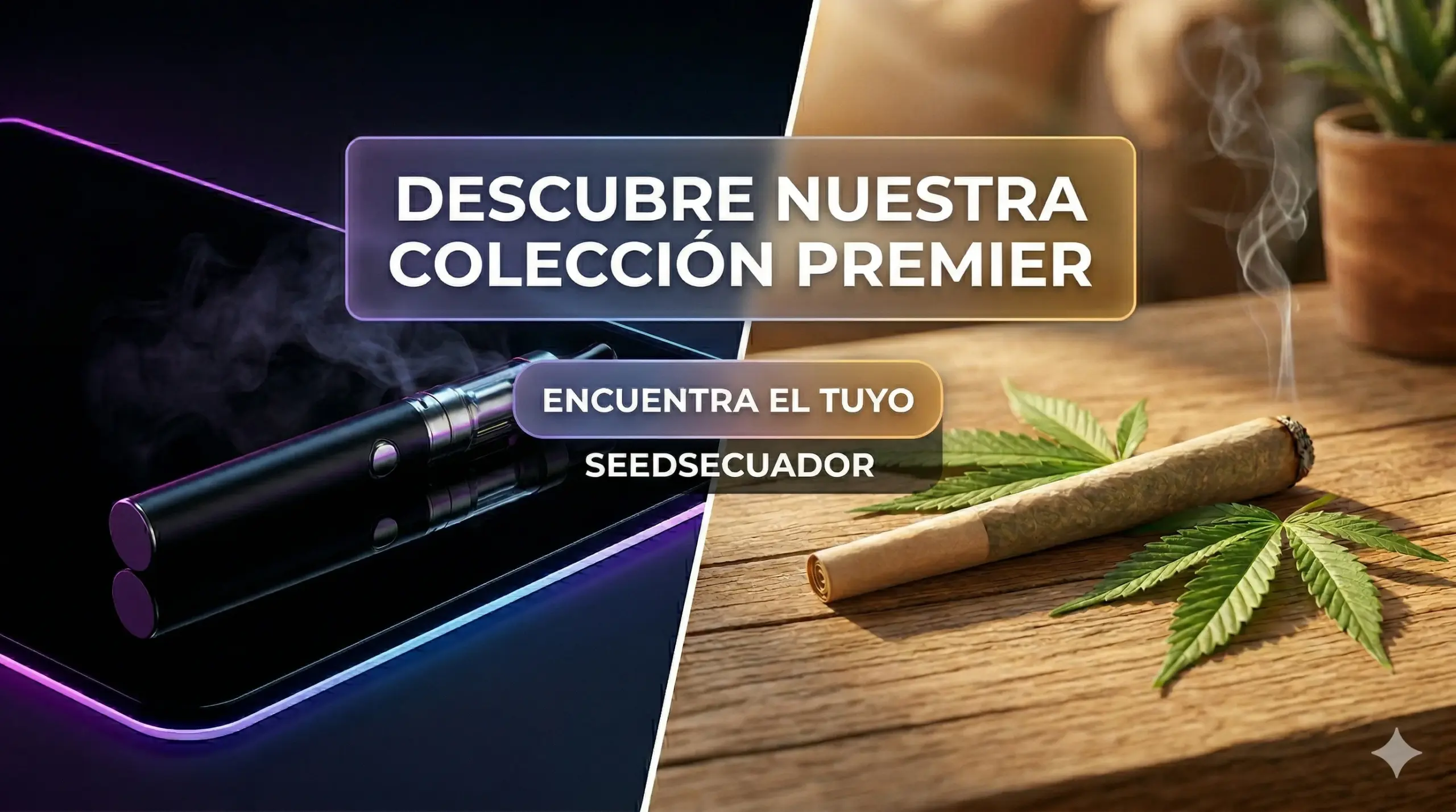 Banner publicitario comparativo para el blog de Seedsecuador, contrastando la estética moderna de un vaporizador de THC con la naturalidad de un cigarrillo de CBD orgánico.