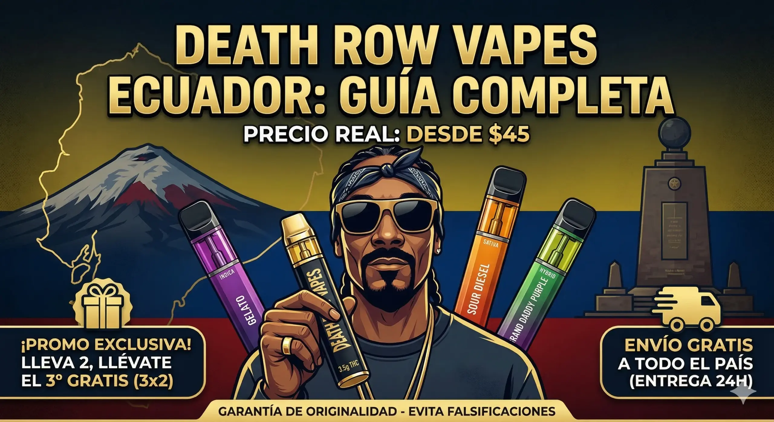 Banner publicitario de Death Row Vapes Ecuador con Snoop Dogg. Muestra los sabores Gelato y Sour Diesel, precio real desde $45, oferta exclusiva de lleva 2 y el tercero es gratis, y garantía de originalidad.