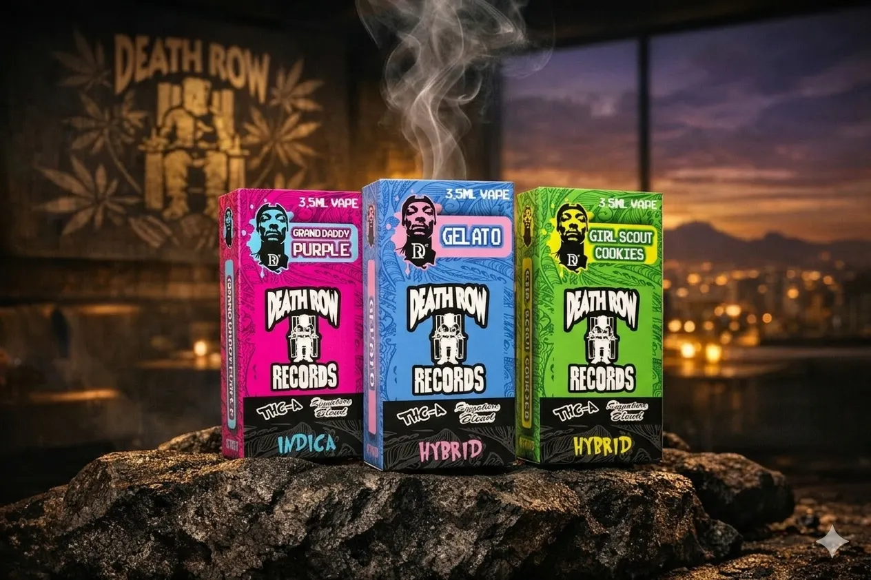 Empaque original de Death Row Vapes mostrando el código QR de seguridad y sello de autenticidad para identificar vapes de THC reales.