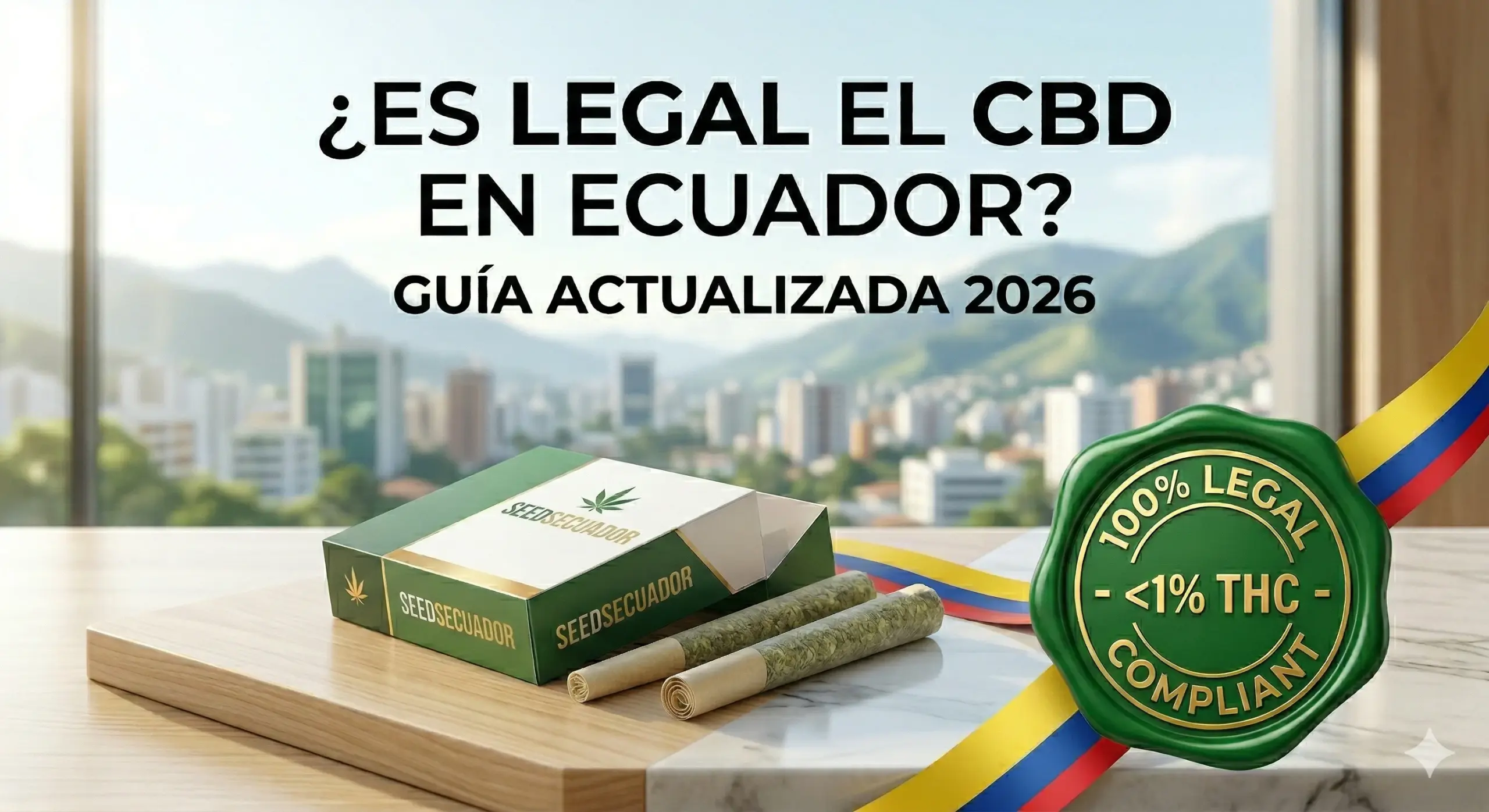 Guía actualizada sobre si es legal el CBD en Ecuador, mostrando cigarrillos de cáñamo pre-enrollados y un sello de cumplimiento legal 100% con la bandera ecuatoriana.