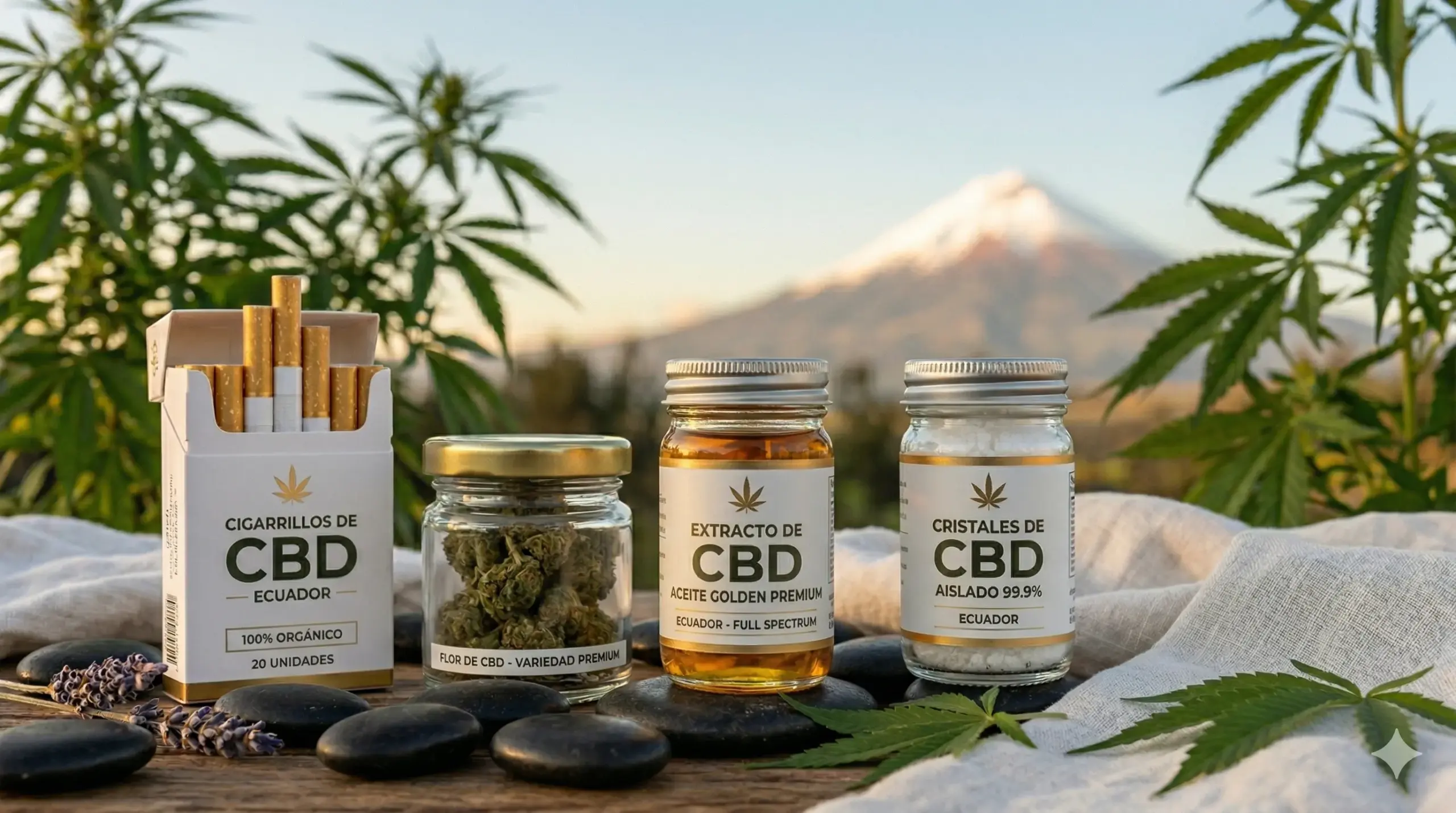 Bodegón premium de productos de CBD certificados en Ecuador con información sobre cómo elegir dosis, tipos de espectro y beneficios para el bienestar natural.