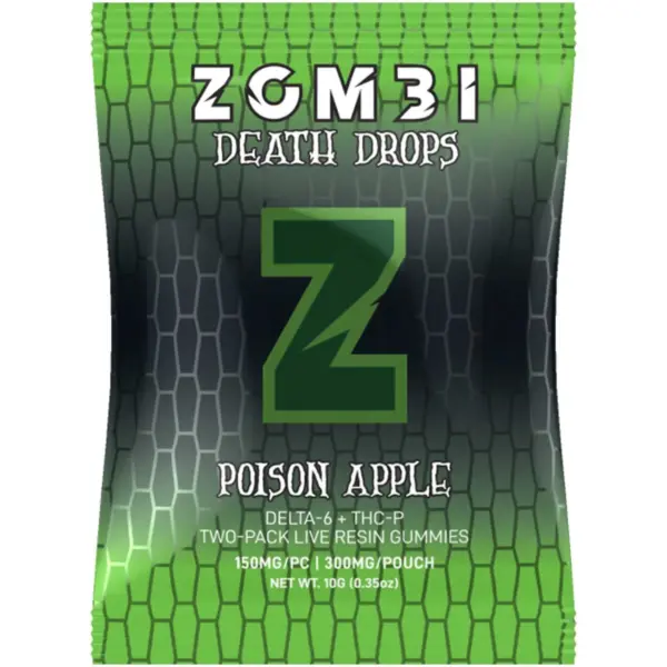 Gomitas con Live Resin Zombi Death Drops sabor Poison Apple 300mg potente mezcla THC-P/Delta 6.