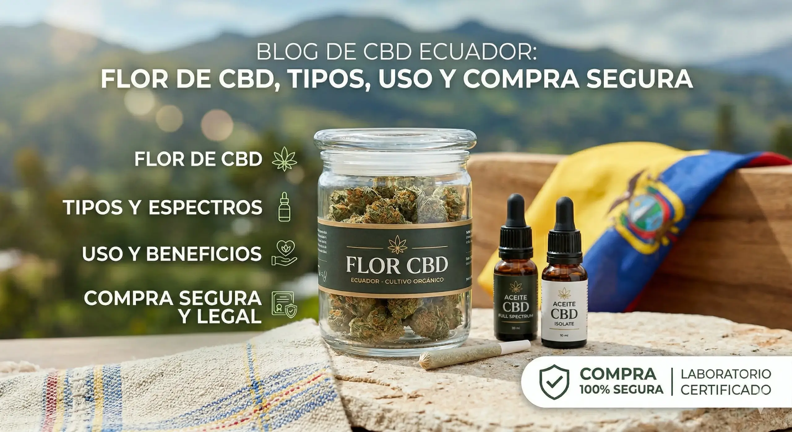 Gama de productos de CBD en Ecuador: flores orgánicas, aceites Full Spectrum e Isolate. Garantía de compra segura y laboratorio certificado con la bandera de Ecuador de fondo.
