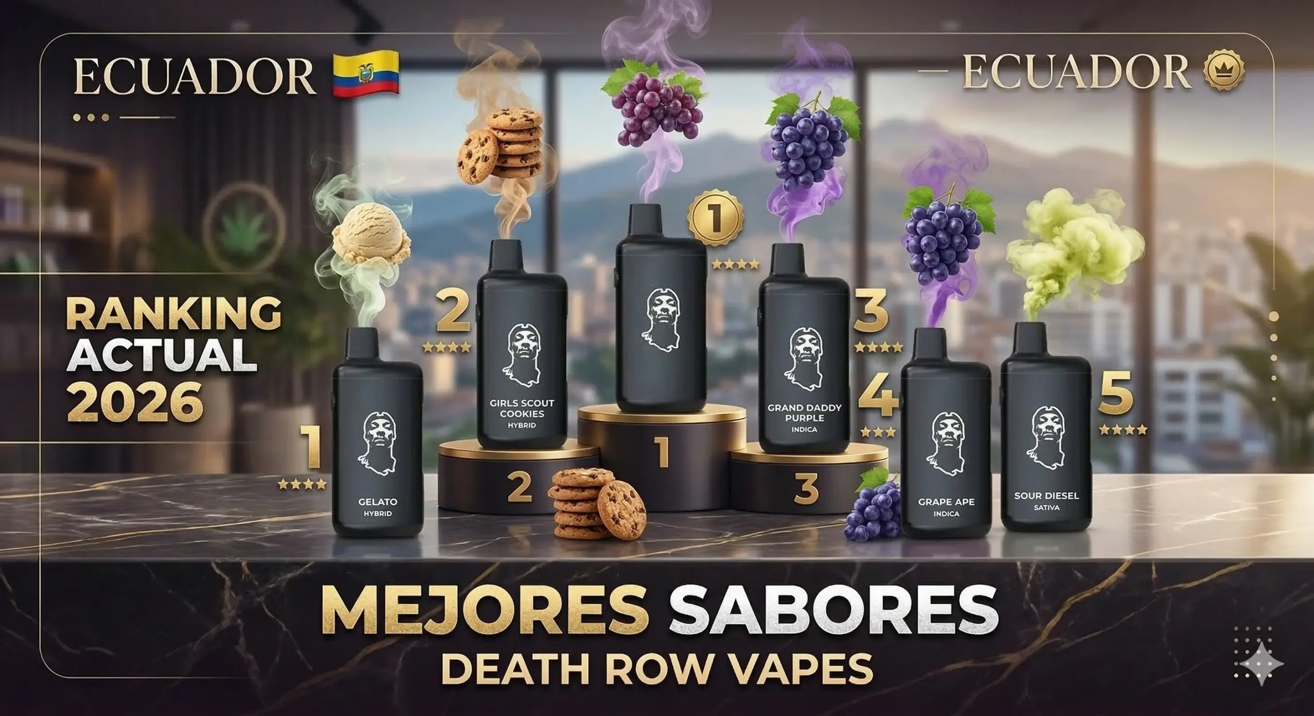 Visualización de los perfiles aromáticos y terpénicos de los vaporizadores desechables Death Row Vapes de Snoop Dogg en Ecuador, clasificando cepas híbridas, índicas y sativas en un podio de ranking para los usuarios ecuatorianos.