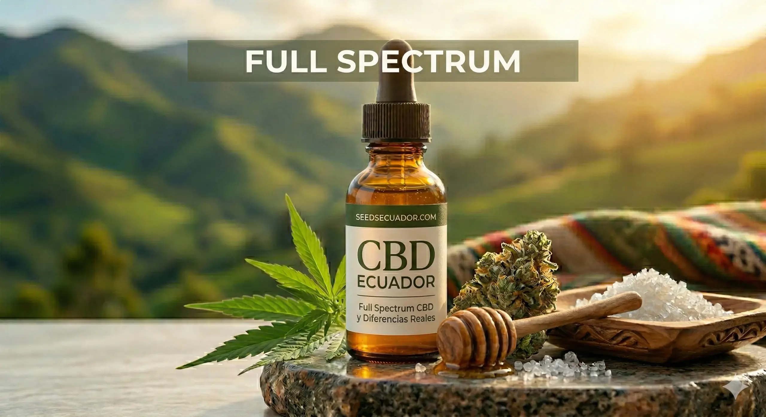 Imagen de producto que destaca el aceite de CBD Full Spectrum de SeedSecuador, diseñado para el mercado de Ecuador, con ingredientes naturales como miel y cannabis fresco. La imagen subraya el concepto de 'espectro completo' con el banner superior 'FULL SPECTRUM', contra un fondo de los Andes ecuatorianos.