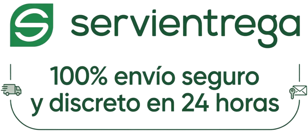Anuncio de Servientrega que ofrece un 100% de envío seguro y discreto en un plazo de 24 horas. Incluye logotipo de la marca e íconos de entrega.