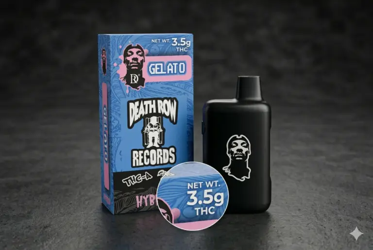 Detalle del diseño y empaque del vape Death Row Gelato 3.5g, mostrando el logotipo de Snoop Dogg en el dispositivo negro.