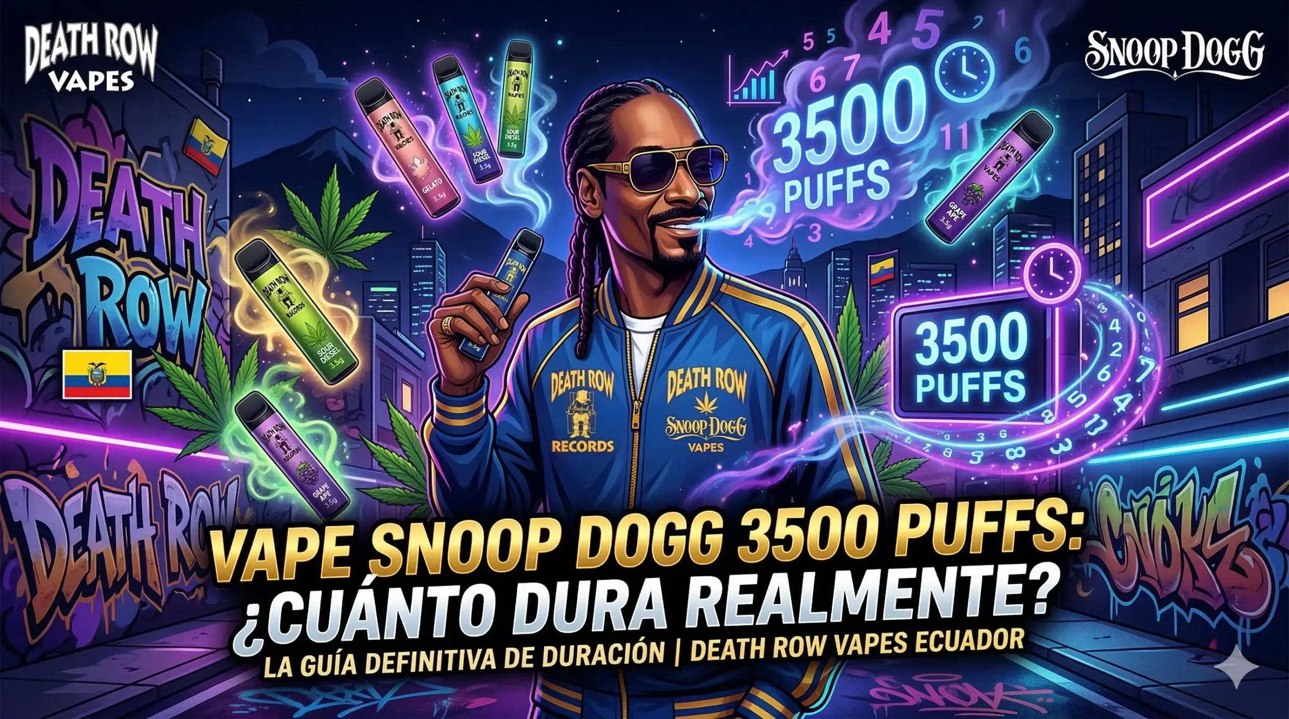 Una imagen gráfica de blog que presenta a Snoop Dogg usando un 'Death Row Vape'. El título central es 'VAPE SNOOP DOGG 3500 PUFFS: ¿CUÁNTO DURA REALMENTE?'. La escena está ambientada en una ciudad nocturna con graffitis y una bandera de Ecuador, y muestra múltiples productos de 'Death Row Vapes' y el gráfico '3500 Puffs'. Es la 'Guía Definitiva de Duración' para Ecuador.