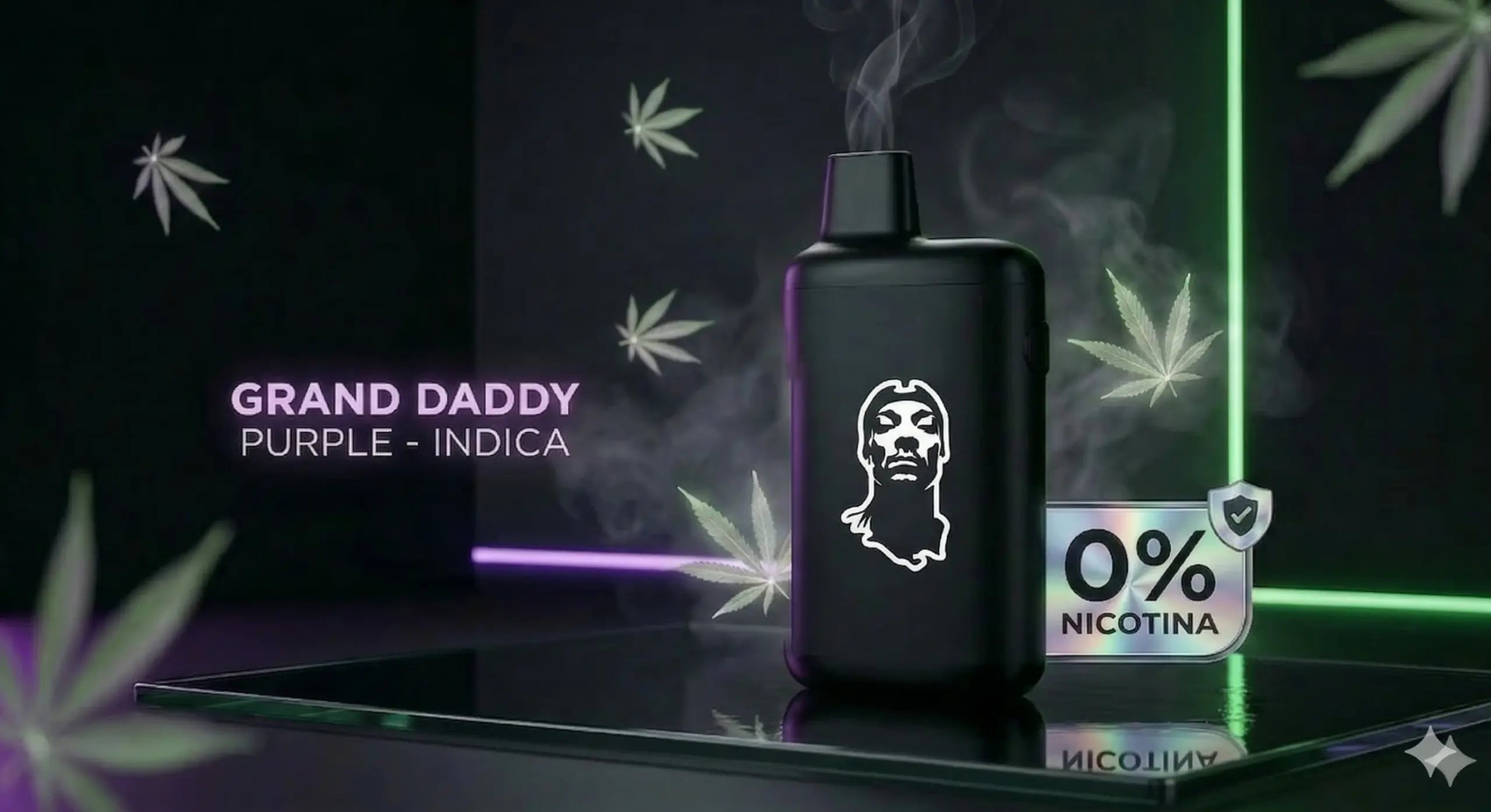 Un vape desechable negro mate con un logotipo de Snoop Dogg blanco, que también cuenta con un sello holográfico circular de autenticidad en la base. El sello muestra un candado, un código QR y el texto en español arrollado alrededor de su perímetro: 'CERTIFICADO DE AUTENTICIDAD' y 'ADVERTENCIA: PRODUCTO DE VAPEO - CONTIENE NICOTINA'. El fondo es blanco.