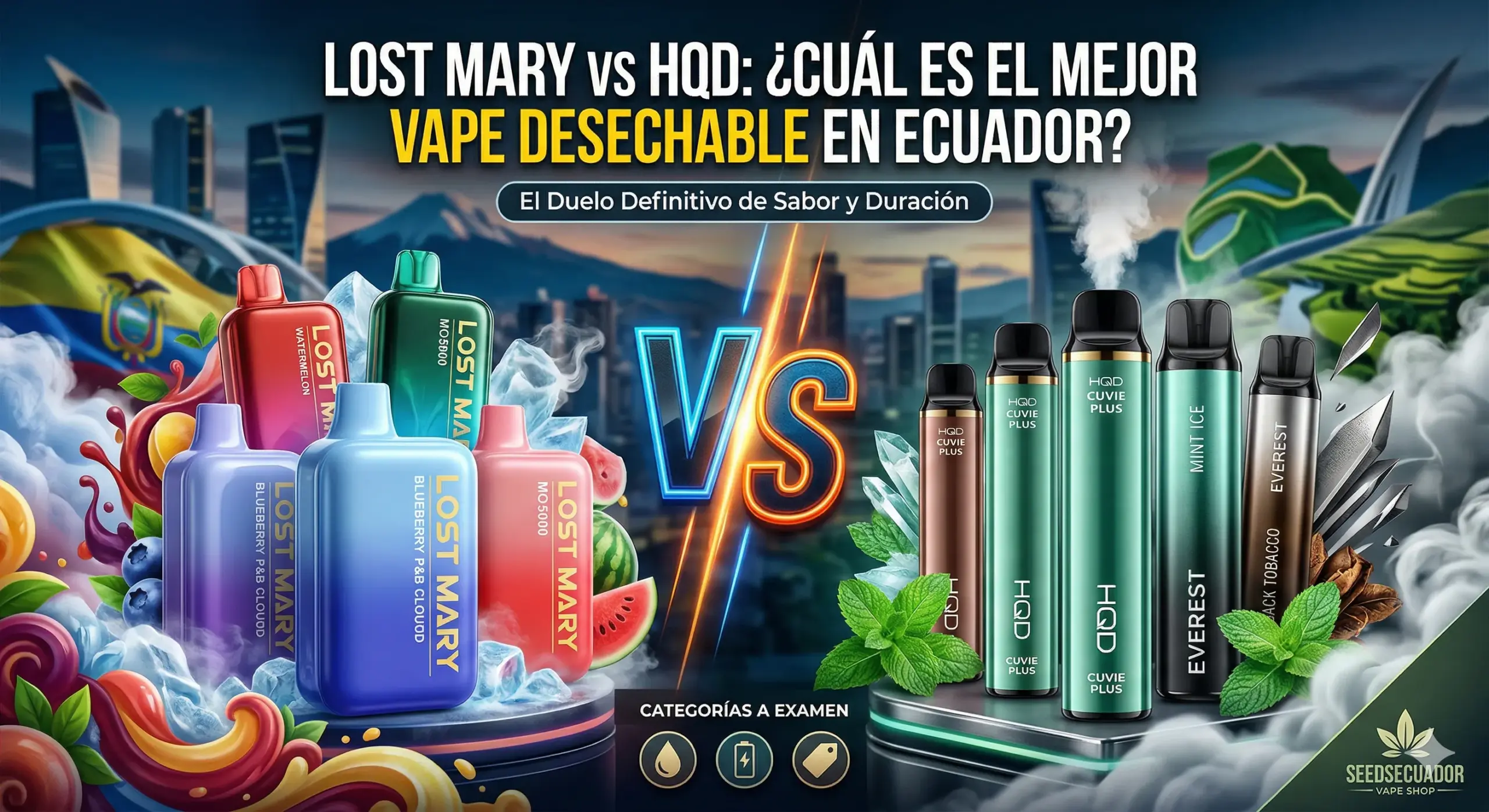 Duelo visual entre vaper Lost Mary frutal y HQD mentolado para elegir los mejores vapes desechables de Ecuador. La imagen destaca el contraste de sabor, duración y originalidad disponible en la tienda online.