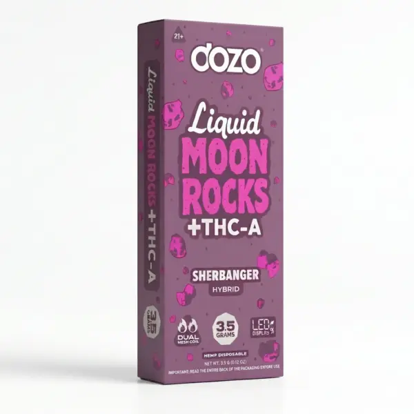 Caja de diseño para el vaporizador de cáñamo desechable Dozo Sherbanger Hybrid, que contiene Liquid Moon Rocks con THC-A. La caja morada muestra gráficos de rocas lunares rosadas y especificaciones del producto de 3.5g.