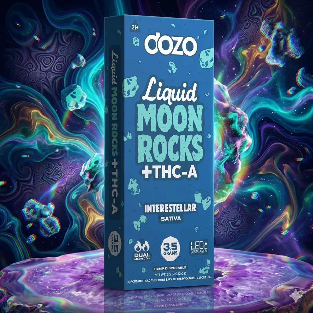 Dozo Moon Rocks 3.5 gr | Sativa Interestellar 1 Dispositivo vape DOZO Liquid Moon Rocks + THC-A, Interstellar Sativa, de 3.5g. Imagen de producto con empaque azul cósmico, iconos de especificaciones técnicas (3.5 GRAMS, Dual Coil, LED) y un entorno psicodélico de galaxias, nebulosas coloridas y geodas de cristal amatista.