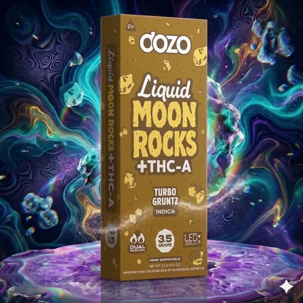Dozo Moon Rocks 3.5 gr | Indica Turbo Gruntz 1 Empaque del dispositivo Dozo Liquid Moon Rocks THC-A Turbo Gruntz Indica, destacando especificaciones de bobina de doble malla y pantalla LED sobre un fondo espacial.