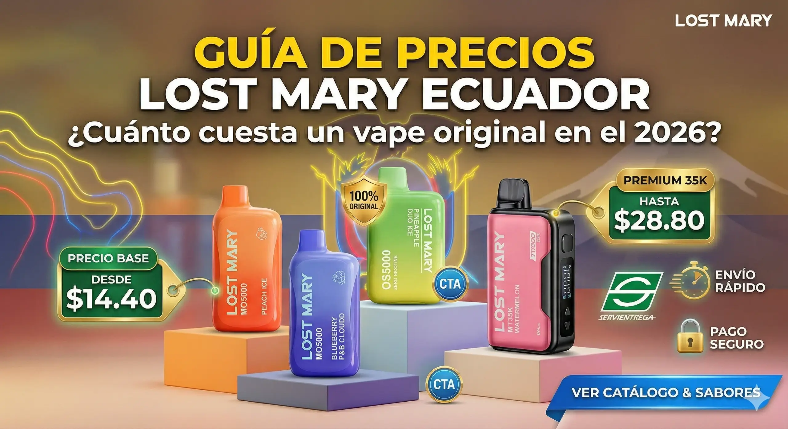 Infografía de Lost Mary Ecuador detallando precio base desde $14.40 y premium hasta $28.80. Incluye íconos de garantía de 100% originalidad, pago seguro y envío rápido por Servientrega.