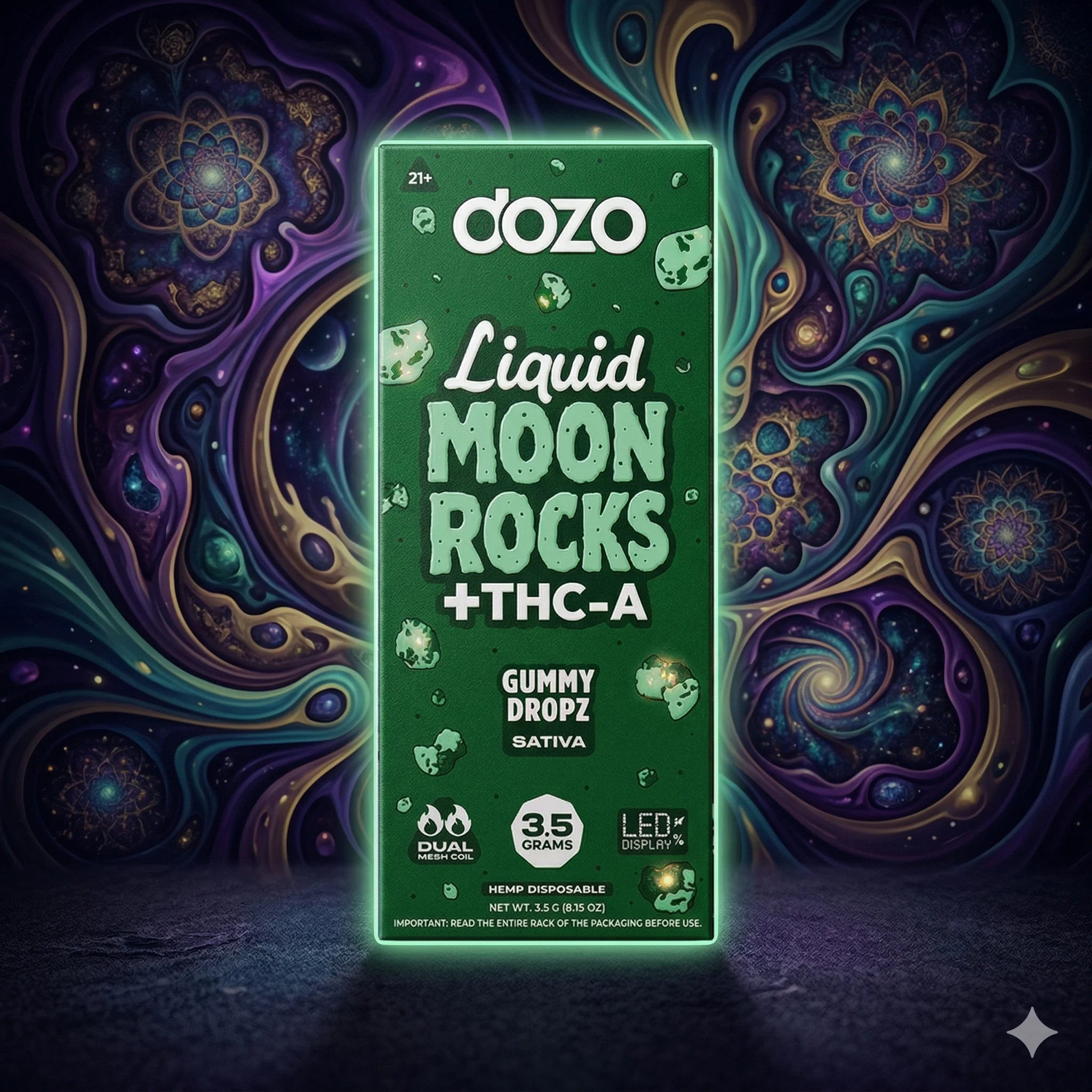 Dozo Moon Rocks 3.5 gr | Sativa Gummy Dropz 1 Primer plano de un vapeador de cannabis de hardware avanzado de la marca iDoo, con cuerpo blanco y ventana de aceite ámbar, sobre un fondo psicodélico de colores magenta y azul. La pantalla LED marca '100%'. Una infografía integrada detalla las potentes formulaciones cannabinoides de su 'INTERIOR' (Líquidos Moonrocks, THC-A, THC-P) y las características técnicas premium de su 'EXTERIOR' (Doble Bobina de Malla, Pantalla LED, Recargable USB-C).