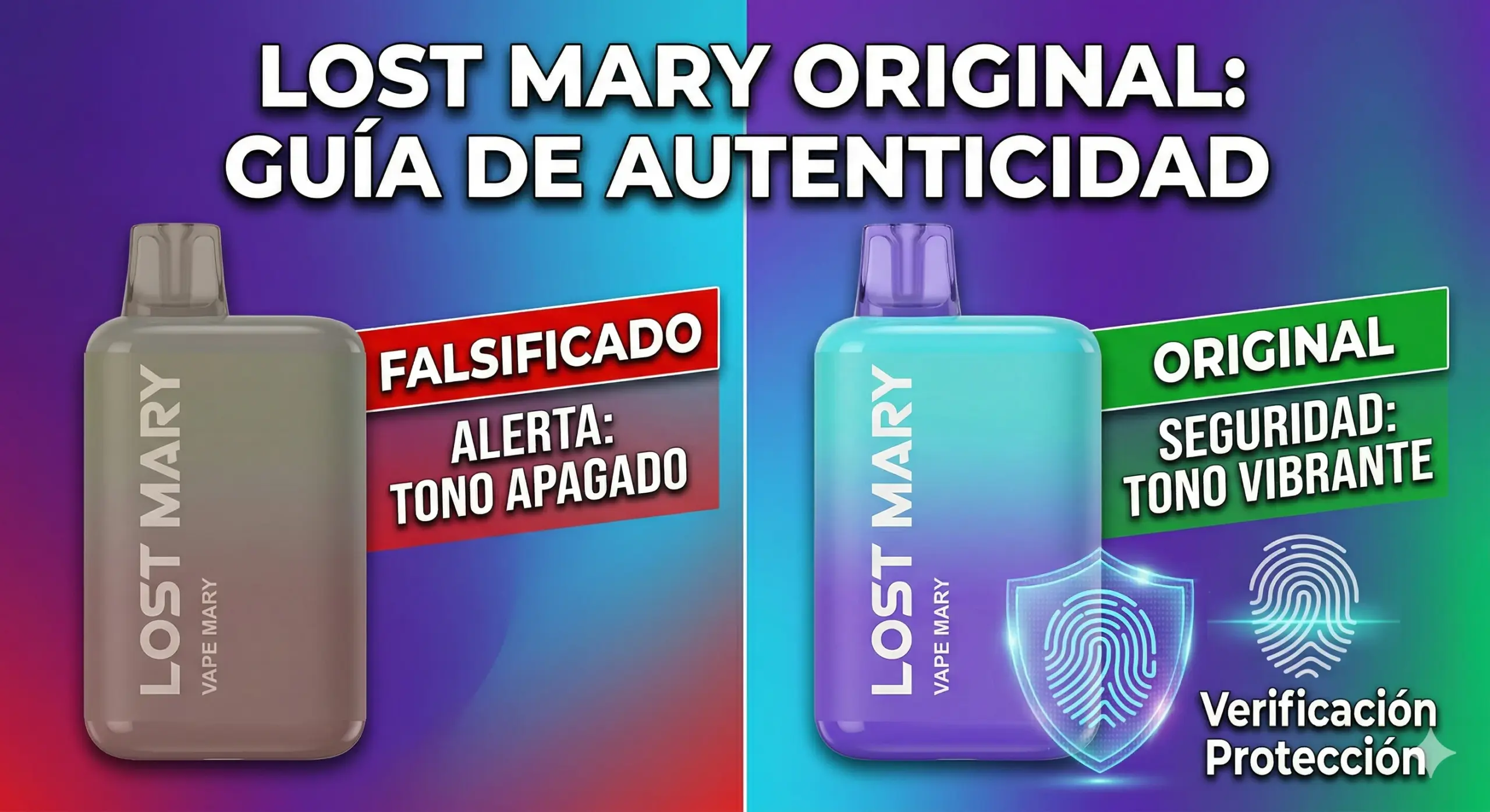 Guía visual detallada para identificar diferencias entre Lost Mary original y falso en Ecuador. La imagen compara las alertas de seguridad de una copia pirata contra las garantías de un dispositivo auténtico con sello holográfico y código QR de fábrica verificable.