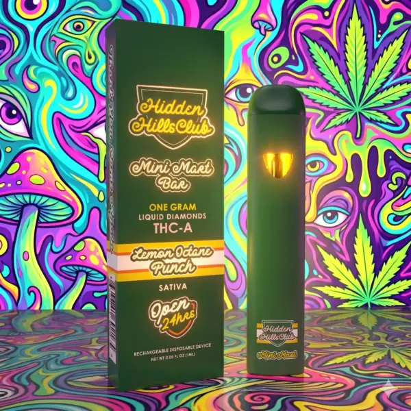Pod Hidden Hills Lemon Octane Punch THC-A, variación sativa, sobre fondo psicodélico.