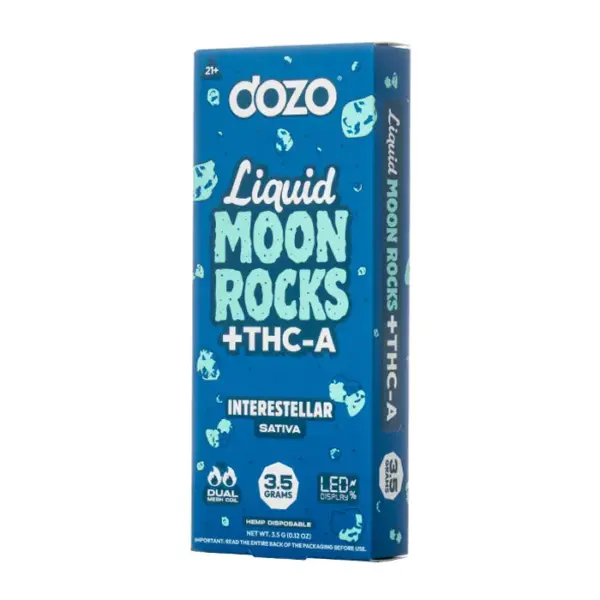 Caja frontal del vaporizador desechable Dozo Liquid Moon Rocks con THC-A, cepa Interestellar Sativa de 3.5 gramos. Diseño azul con ilustraciones de rocas lunares.