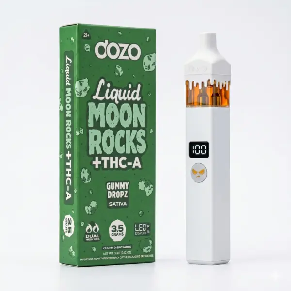 Dispositivo vaporizador blanco Dozo de 3.5g con pantalla LED indicadora de batería, botón de activación manual y tanque con extracto líquido Moon Rocks.