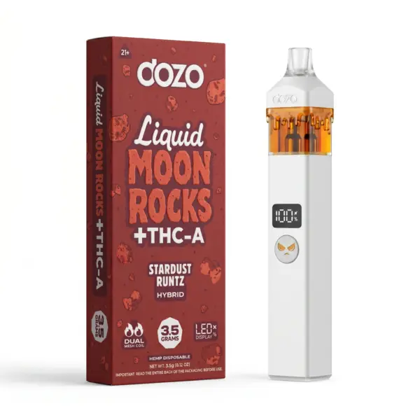 Dispositivo y caja del vaporizador de marihuana THC-A Dozo 3.5g Stardust Runtz, equipado con tecnología de doble bobina de malla para e-commerce.