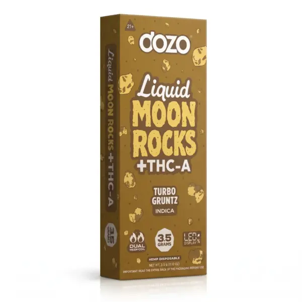 Empaque frontal del vaper Dozo Liquid Moon Rocks THC-A, dispositivo de extractos de marihuana cepa Turbo Gruntz Indica