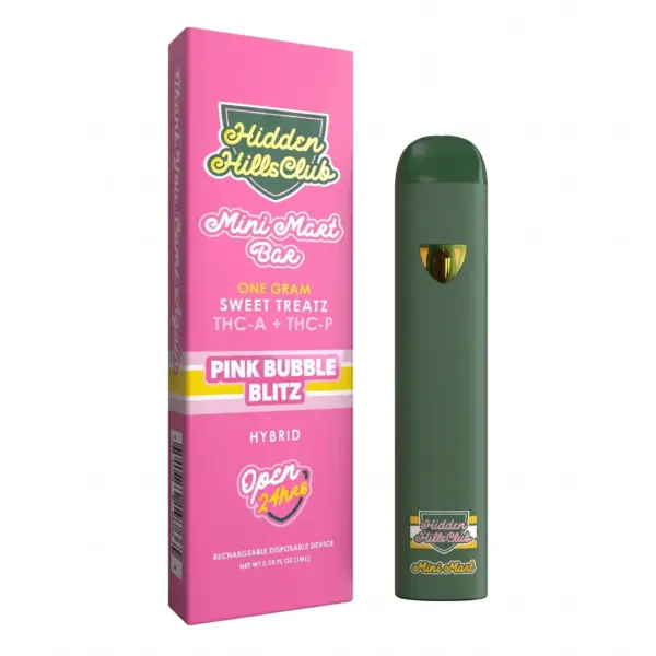 Vaporizador desechable Hidden Hills Mini Mart Bar de 1 gramo, sabor Pink Bubble Blitz híbrido con THC-A y THC-P, junto a su empaque rosa.