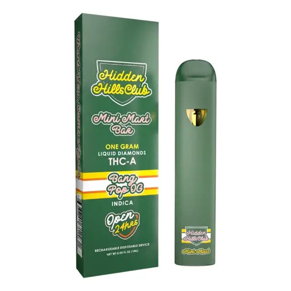 Dispositivo desechable cerrado para marihuana con extracción de THC-A y Liquid Diamonds, modelo Hidden Hills Bang Pop OG de 1 gramo.