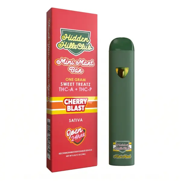 Vaporizador desechable recargable Hidden Hills Mini Mart Bar de 1 gramo, perfil Cherry Blast. Contiene extracto de marihuana Sativa con mezcla de cannabinoides THC-A y THC-P.