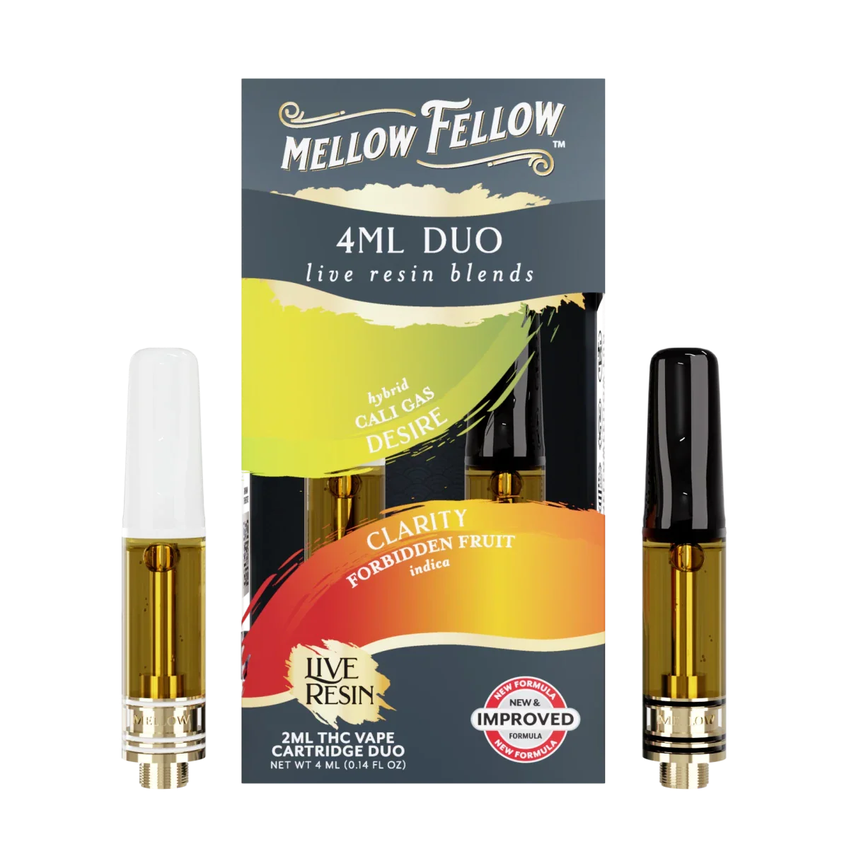 Mellow Fellow 4ml Duo – Cali Gas & Forbidden Fruit 11 pack duo mellow fellow cali gas y forbidden fruit live resin 4ml