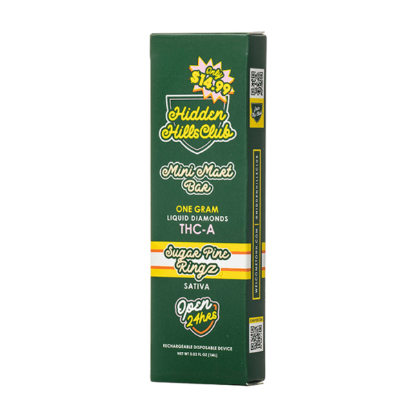 Vaporizador desechable Hidden Hills Mini Mart Bar de 1 gramo, sabor Sugar Pine Ringz sativa