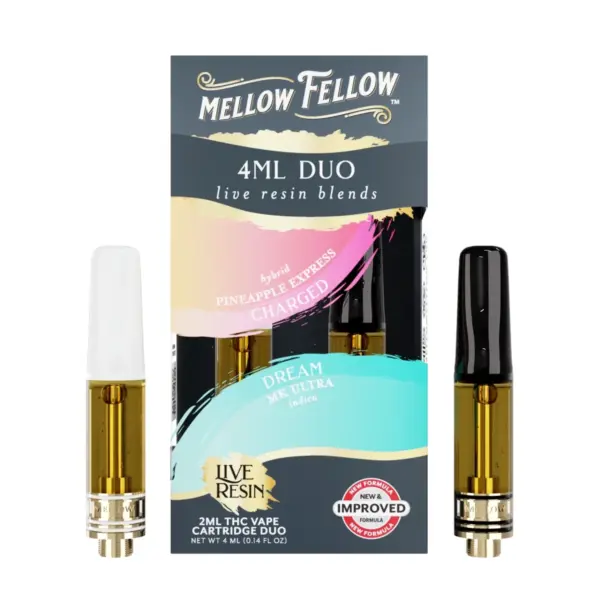 Caja Mellow Fellow 4ml Duo Live Resin con cartuchos Pineapple Express híbrido y MK Ultra indica