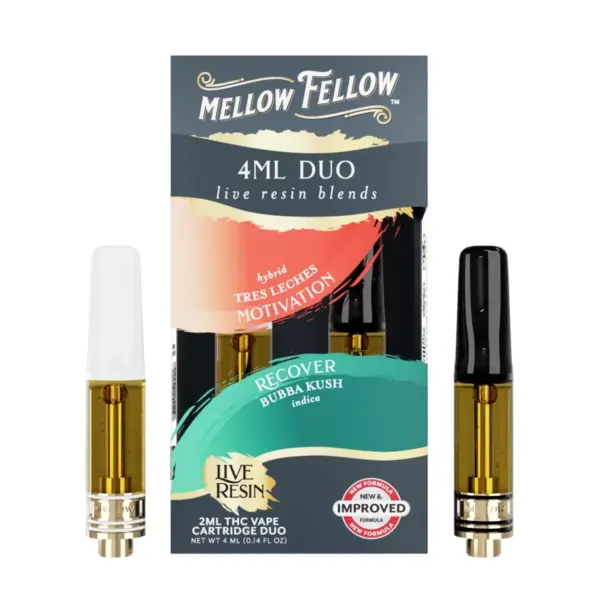 Caja Mellow Fellow 4ml Duo Live Resin con cartuchos Tres Leches híbrido y Bubba Kush indica