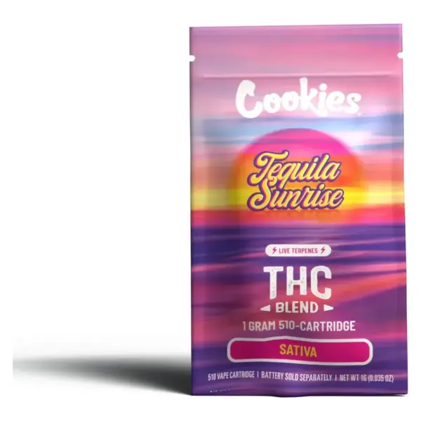 Cartucho Cookies Tequila Sunrise 1G sativa en su empaque THC Blend rosca 510 - Ecuador